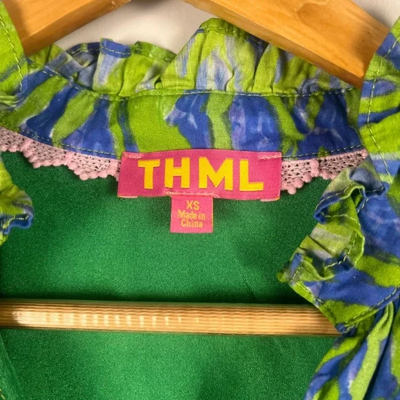THML Green and Blue 100% cotton mini dress flutter sleeves size XS - Picture 3 of 6